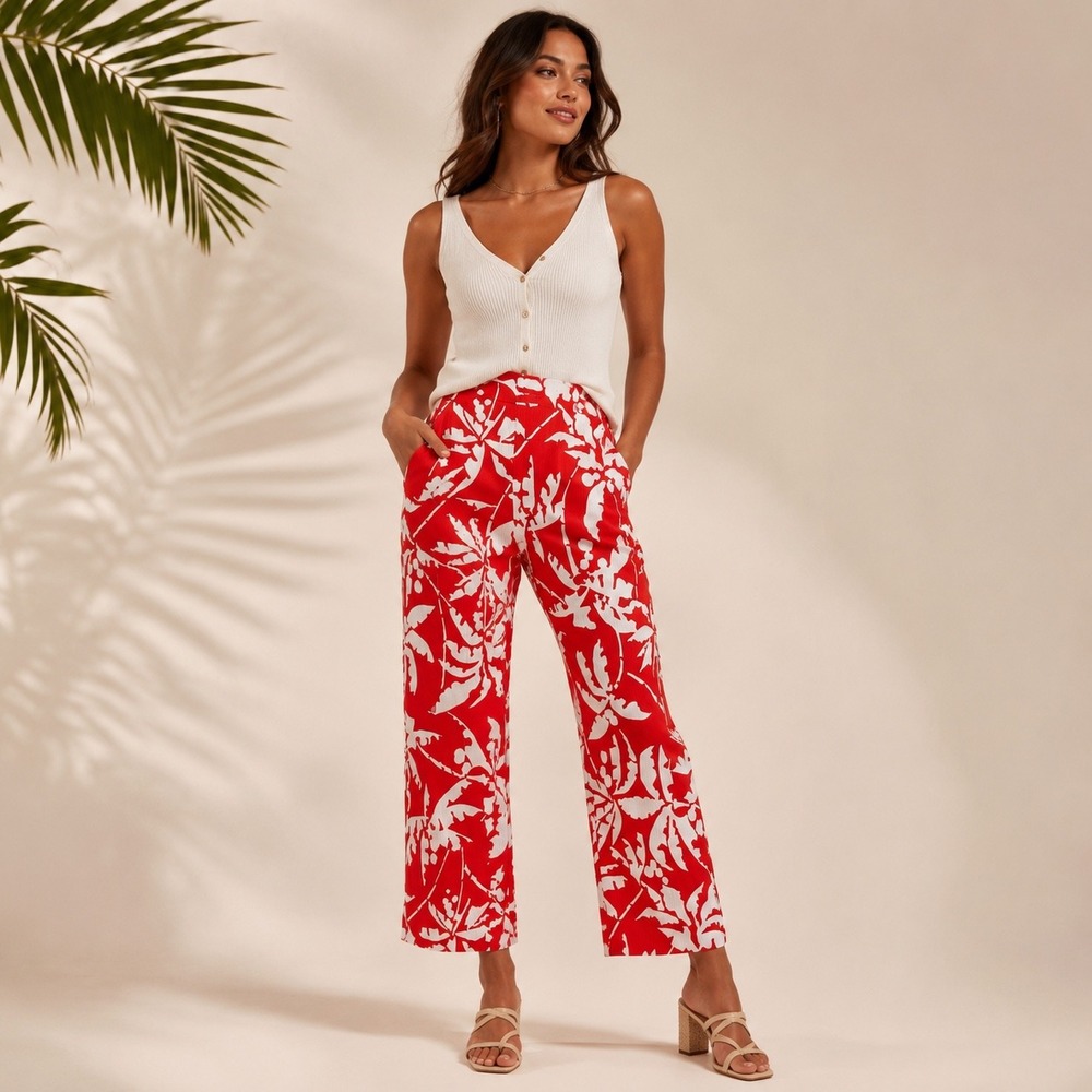 Trina Turk Orbit Pant 00 Red White Tropical Palm Print Ankle Leg Resort Wear